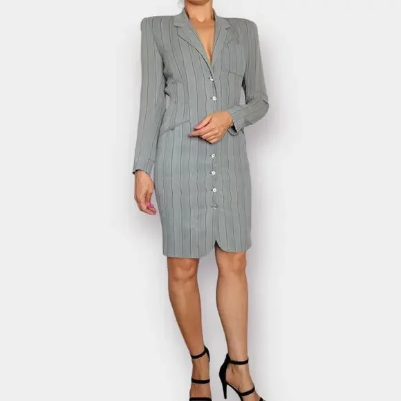 Vintage 90s Tahari Gray Black Striped Blazer Dress - Picture 2 of 7